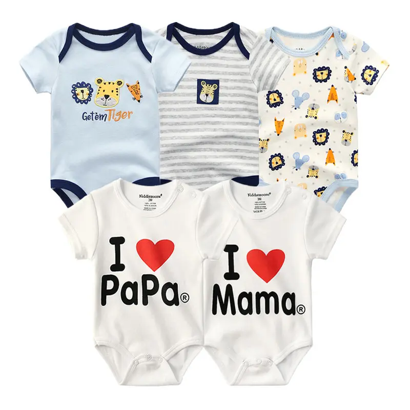 5 Pack Cotton I Love Papa Mama Print Short Sleeve Baby Bodysuits Infant Striped Animal Onesie Newborn Layering Jumpsuit