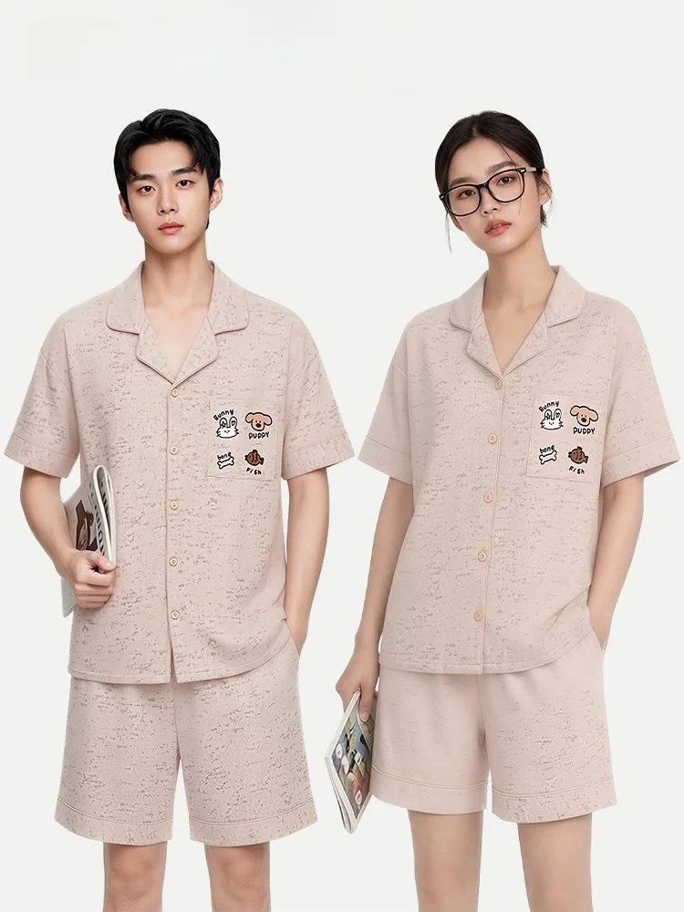 Couple's Summer Cotton Pajamas Short Sleeve Short Pants Home Clothes Set White Enhancing Outdoor Wearable Soft Comfortable