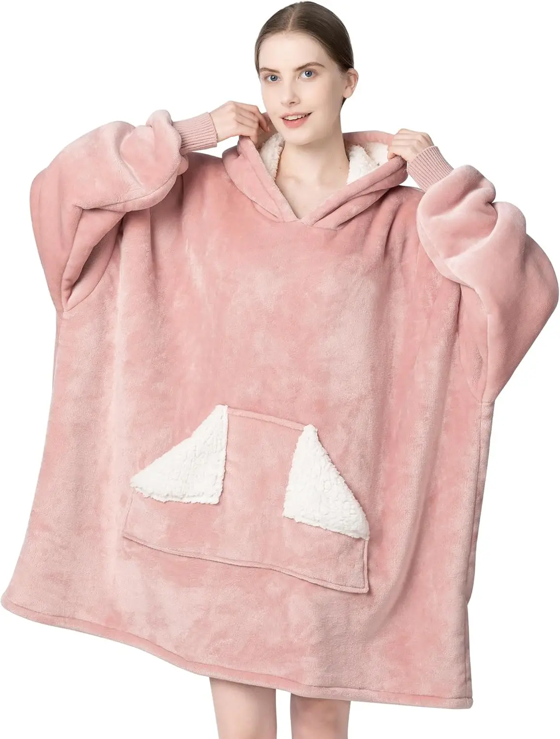 

Oversized Sherpa Hoodie Blanket with Pocket, Super Soft Warm Plush for Adults, One Size Fits All in Pink