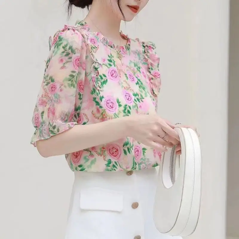 Franse stijl chiffon blouse met korte mouwen dames zomer zoete ruches print bubble trendy shirt