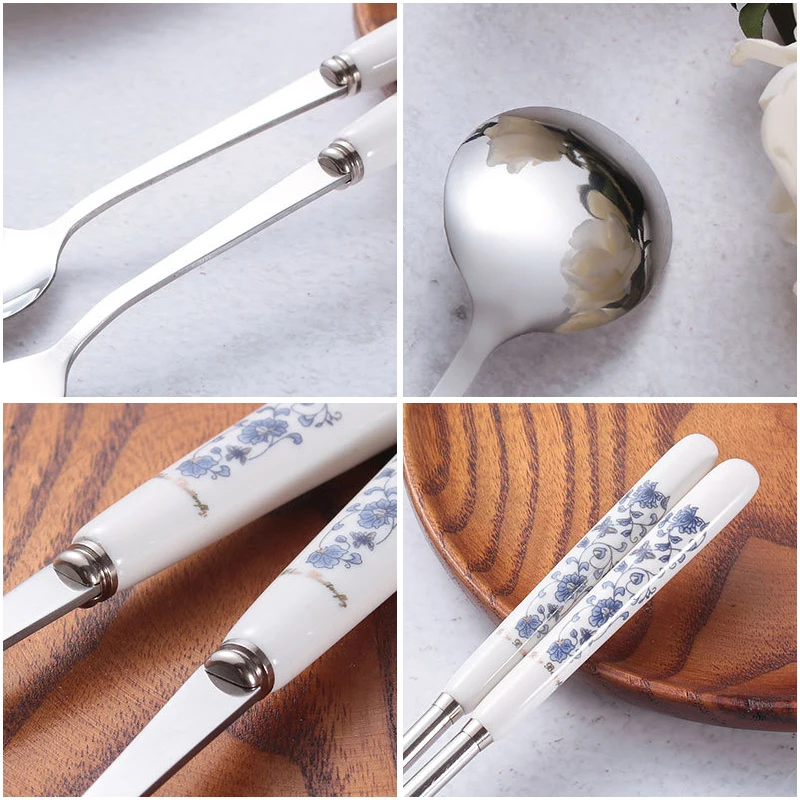 Ceramics Tableware Set Stainless Steel Porcelain Handle Cutlery Knife Fork Spoon Chopsticks Dinnerware Gift Ceramics Cutlery Set