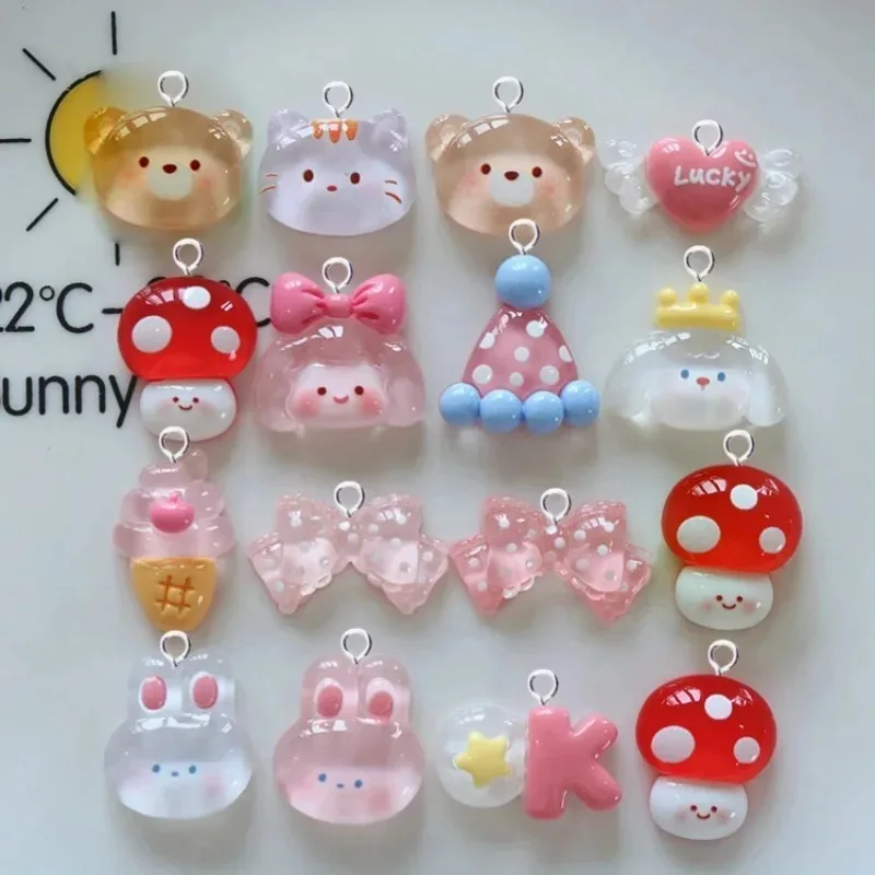 10Pcs Kawaii Clear Cartoon Resin Flatback Charms, Mushroom Bowknot Heart Dog Bear Cat Animal Pendants for DIY Jewelry Making
