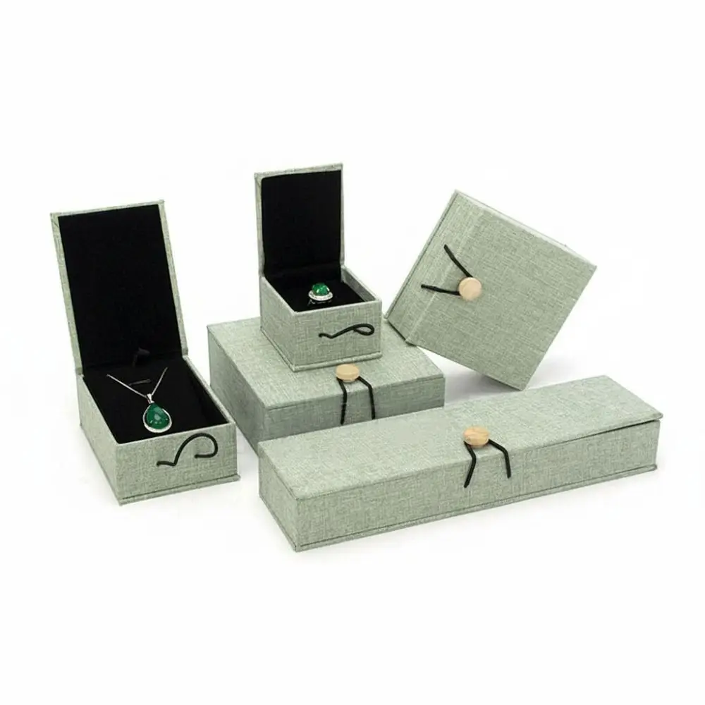 Linen Wood Jewelry Box Button Closure Fleece Lining Jewelry Case Multi-purpose Dust Protect Jewelry Storage