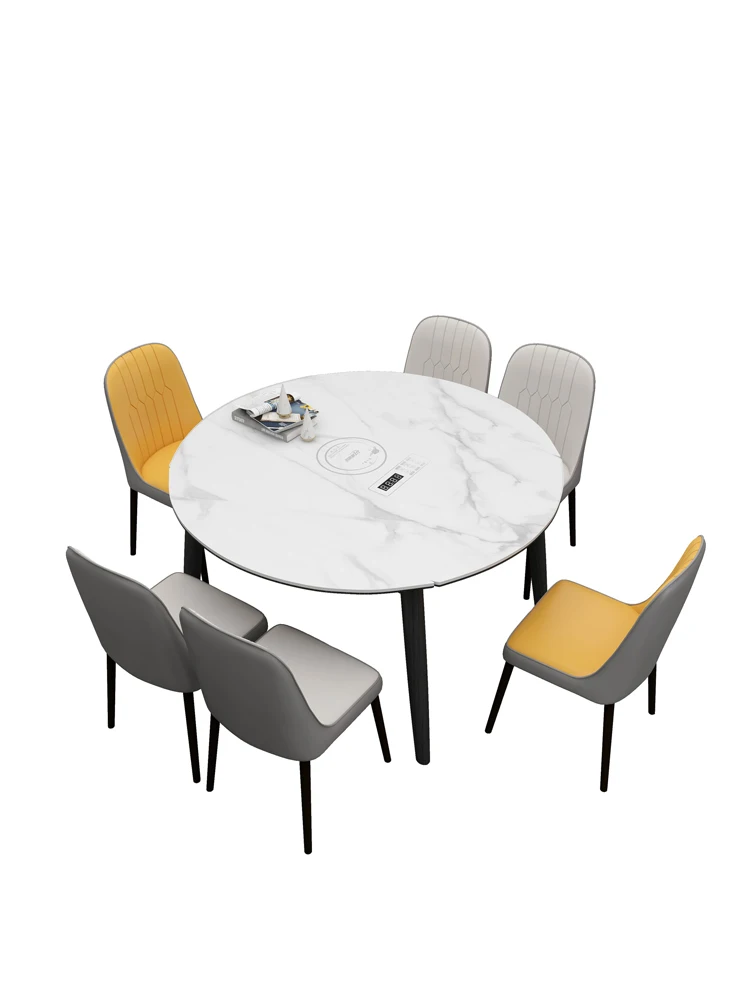 

Rock board dining table, light luxury household circular telescopic folding solid wood dining table and chair combination