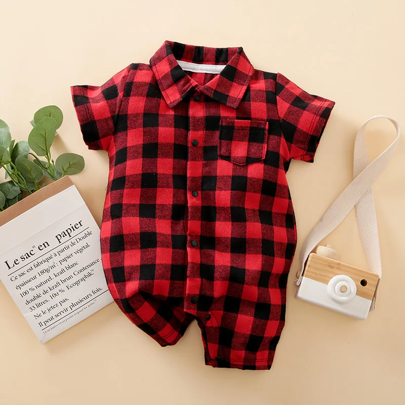 0-18 Baby Jumpsuit Casual And Fashionable Simple Plaid Shirt Comfortable And Soft Summer Short Sleeved Newborn Clothes