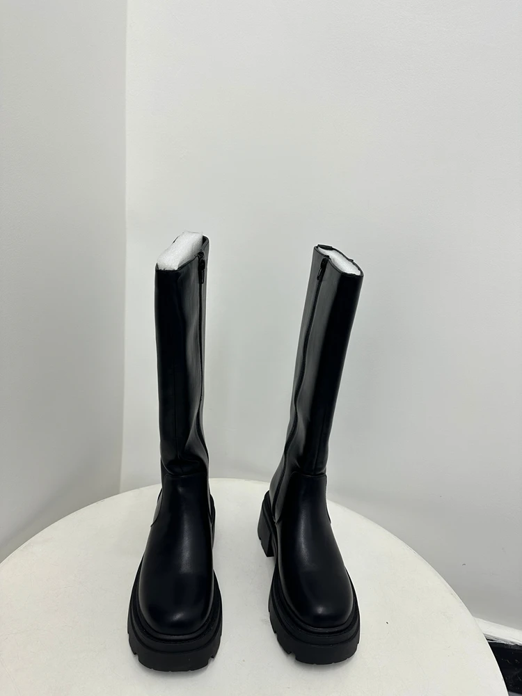 

Удобные женские высокие сапоги на толстом каблуке с круглым носком, универсальные, модные, с боковой молнией, увеличивающие рост