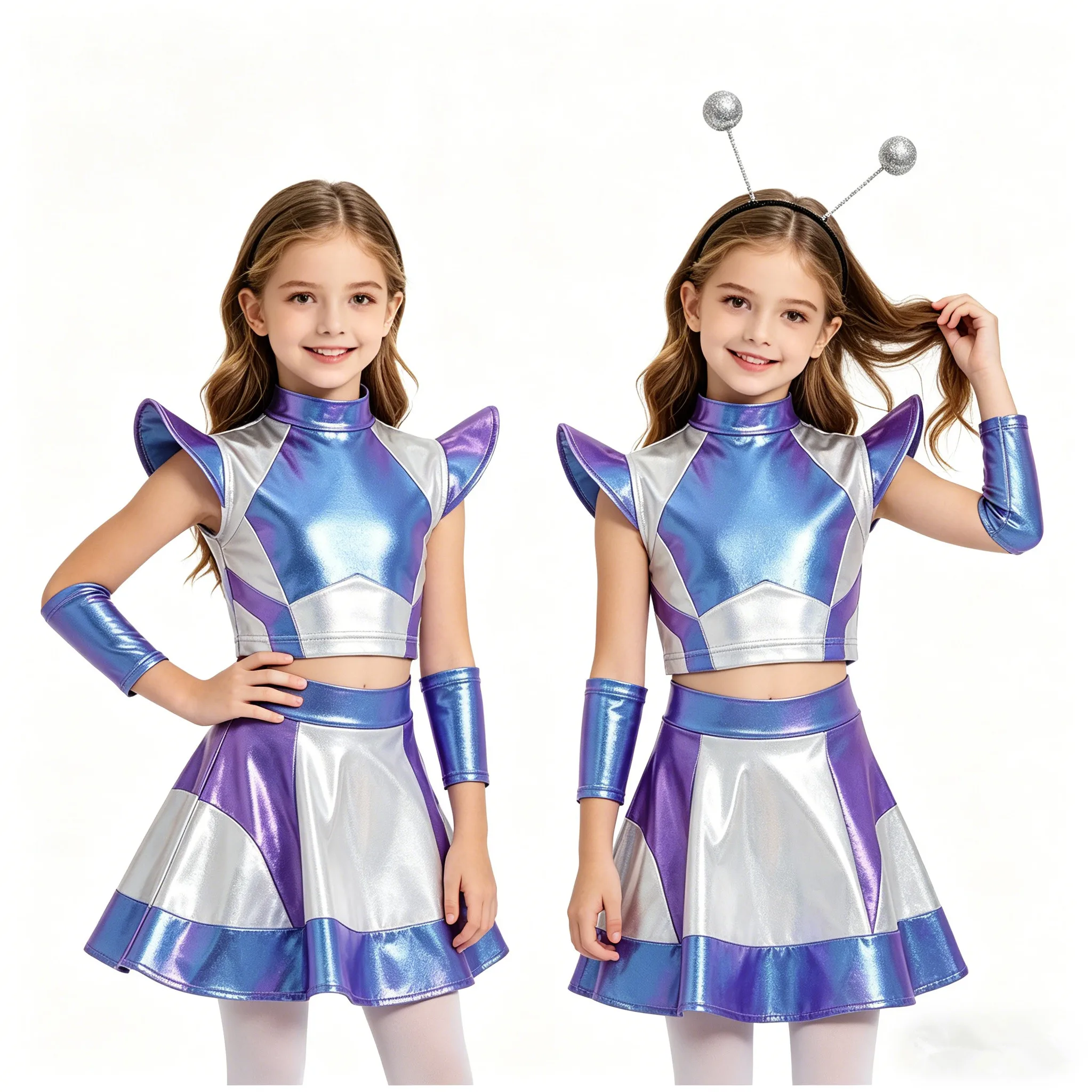 Girls Halloween Alien Costume Outer Space Cutie Robot Astronaut Outfit Metallic Shiny Crop Top with Skirt Sleeves Hair Hoop