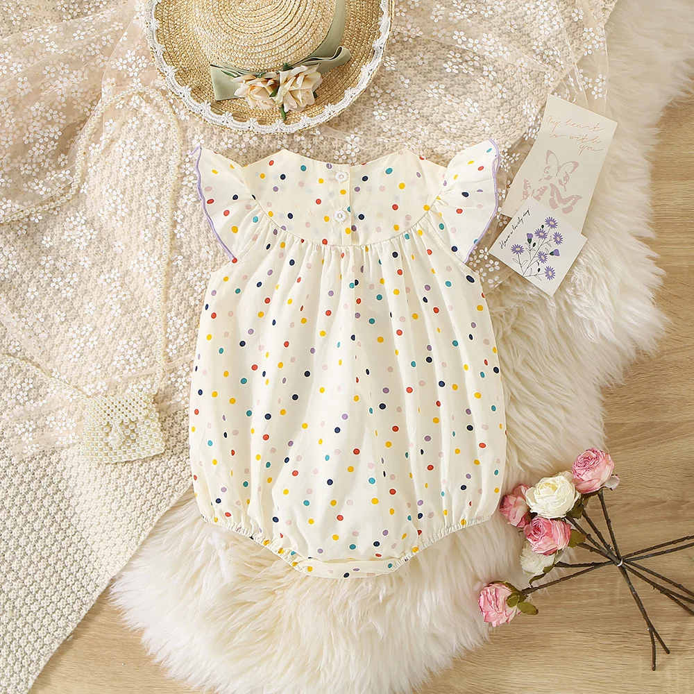 Summer baby girl jumpsuit with flower embroidery all over her body small dot print small flying sleeves and buttocks