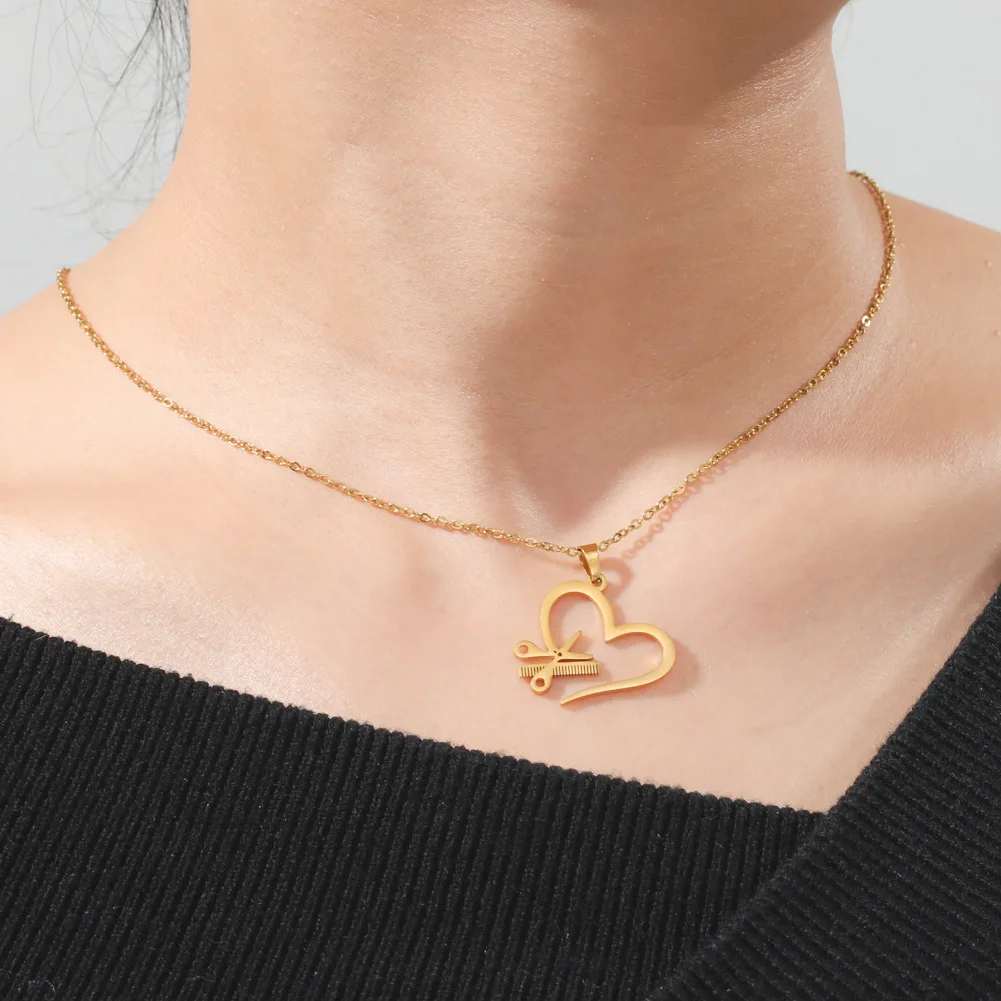 Heart Scissors Comb Charm Necklace Unisex Hair Stylist Themed Pendant Trendy Statement Jewelry Hairdresser Daily Wear Gift