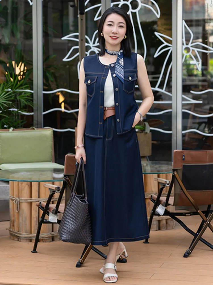 

Summer New round Ne Svel Denim Tank Top And A-Line Skirt Set Women's Ele Sle Faion Ensemble Midi Skirt
