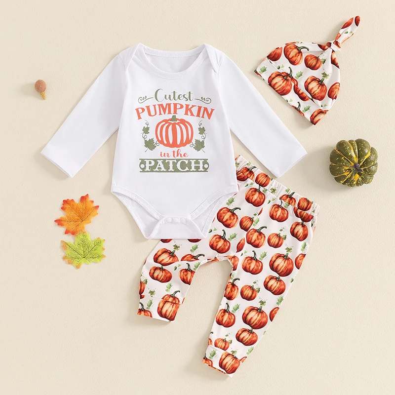 

2024-05-14 Lioraitiin Baby Boy Halloween Outfits Letter Print Crew Neck Long Sleeve Romper Pumpkin Print Long Pants Hat 3Pcs Set