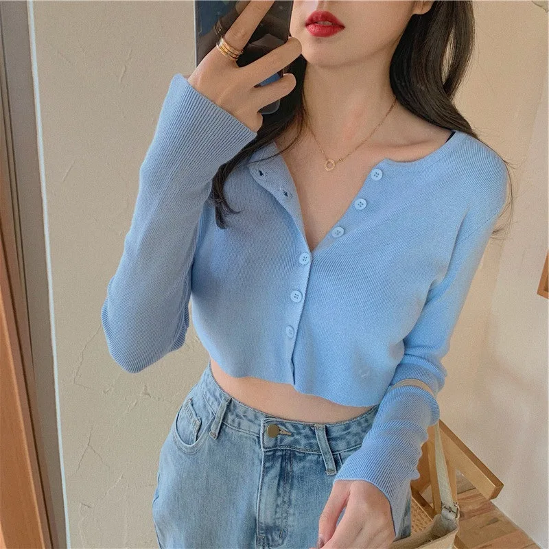 Korean Style Women O-neck Knitted Cardigan Short Sweaters 2023 Fashion Long Sleeve Button Crop Top Knitwears 28116