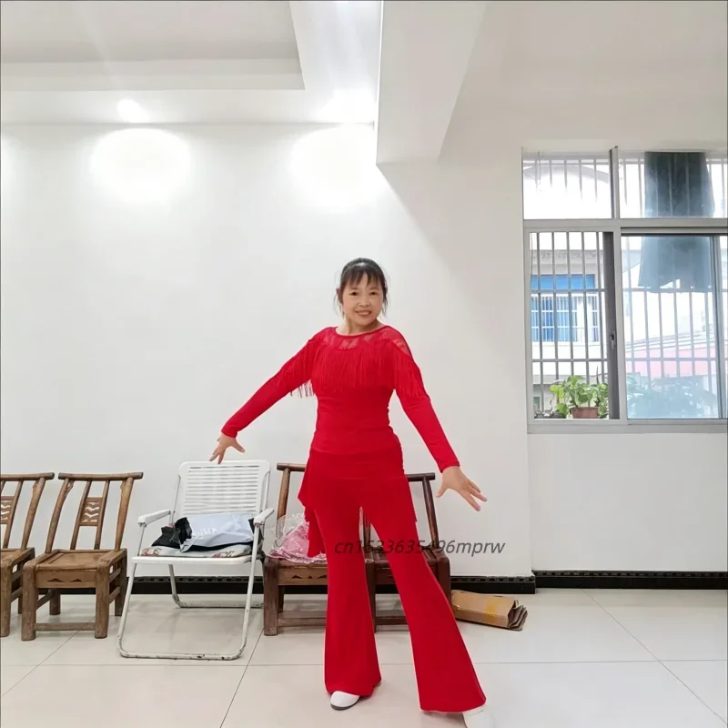 Women's plus Size Red Latin Dance Skirt Pants with Micro Flared Fringe Three-Step Square Dance Practice And Performance Wear
