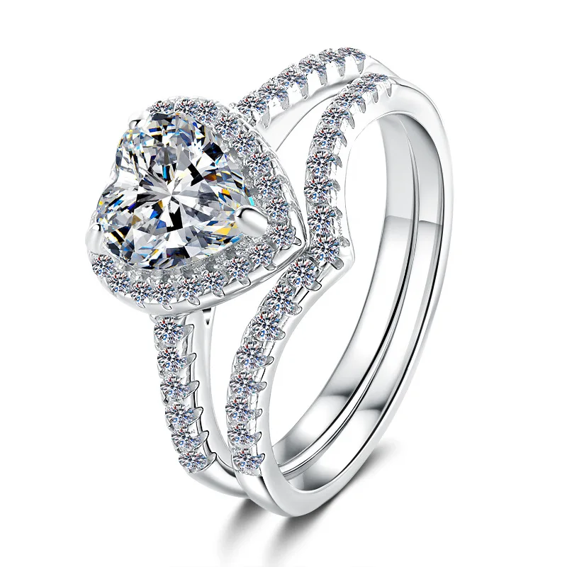 Heart & V-Shape Stackable Ring Women's PT950 Platinum Moissanite 2Ct - Romantic double-shape stack, 2ct shine, sweet-cool style