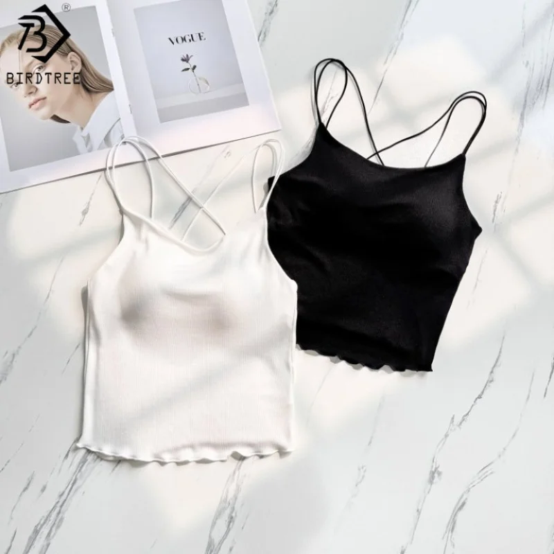 Birdtree, Silk Blended Solid Tank Top, Women‘s With Chest Cushion Breathable Underwear Bottom Vest, 2025 New T57610JF