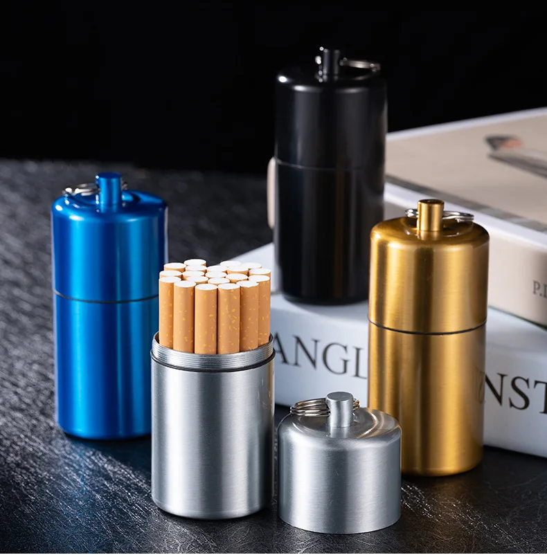 Portable Thick Cigarette Case with Hanging Ring Sealed Waterproof Metal Can 80mm Diameter 10 20 capacity