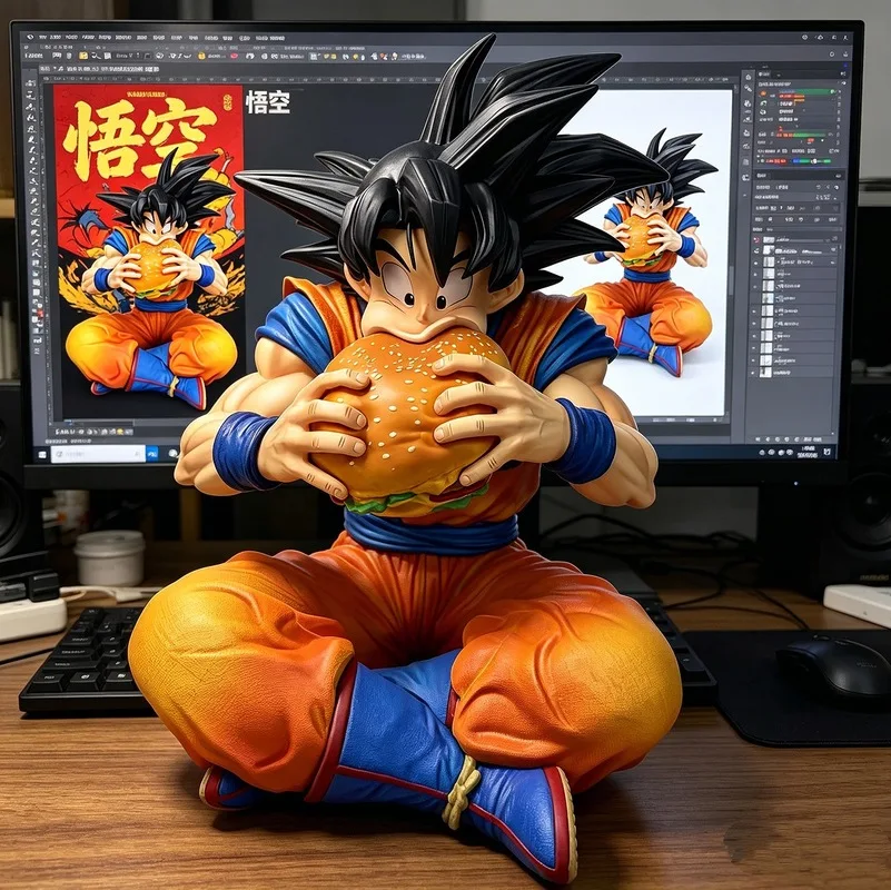 Dragon Ball Son Goku Figur, die einen Hamburger isst, sitzende Statue, Anime-Sammlerstück, Desktop-Dekoration, Anime-Merchandise für Sammler