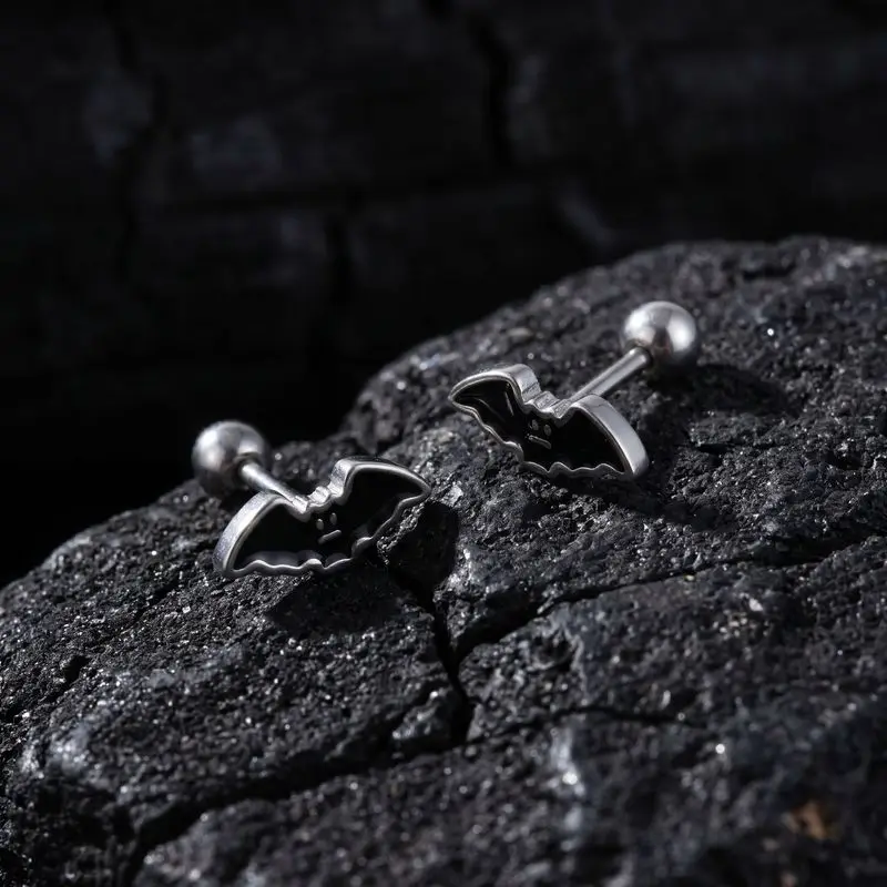 Black Enamel Bat Shape Screw Back Stainless Steel Stud Earrings Gothic Halloween Anti-lost Ear Piercing for Punk Men
