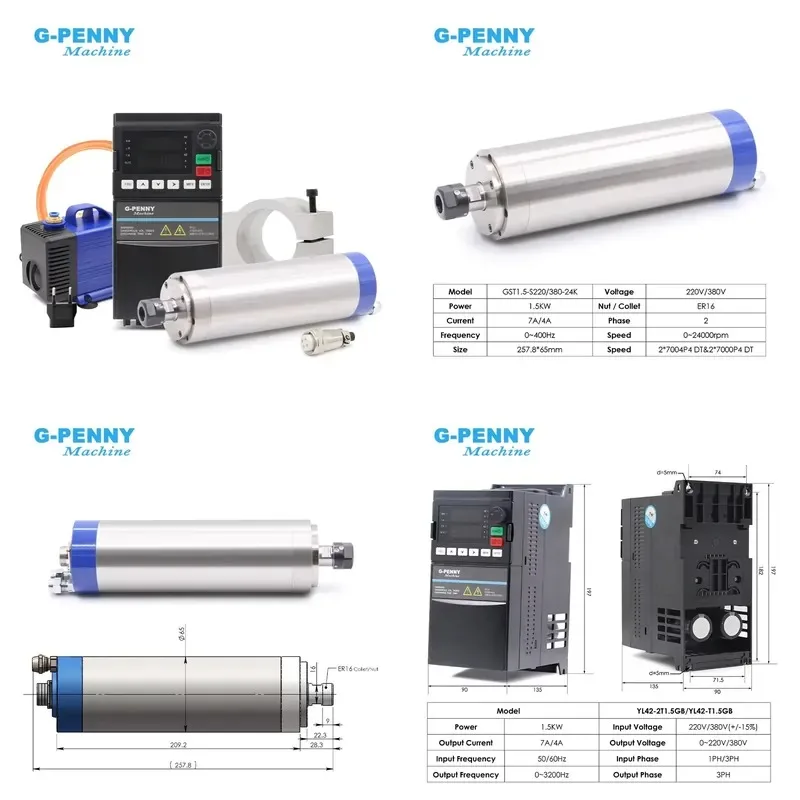 Hot Sale G-Penny 1.5KW ER16 D65 220V/380V Water Cooled Spindle Motor Kits YL42 Inverter 80W Water Pump 65mm Bracket CNC