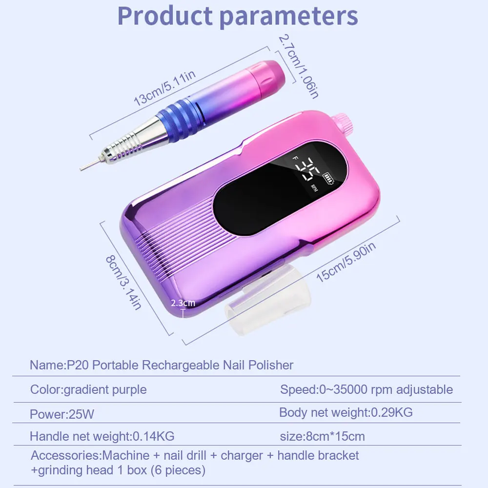 Akku-Nagelbohrer, 35.000 U/min, wiederaufladbarer Nagelpolierer und 6-teiliges Schleifköpfe-Set, tragbarer Nagelschleifer für Reisen zu Hause im Salon