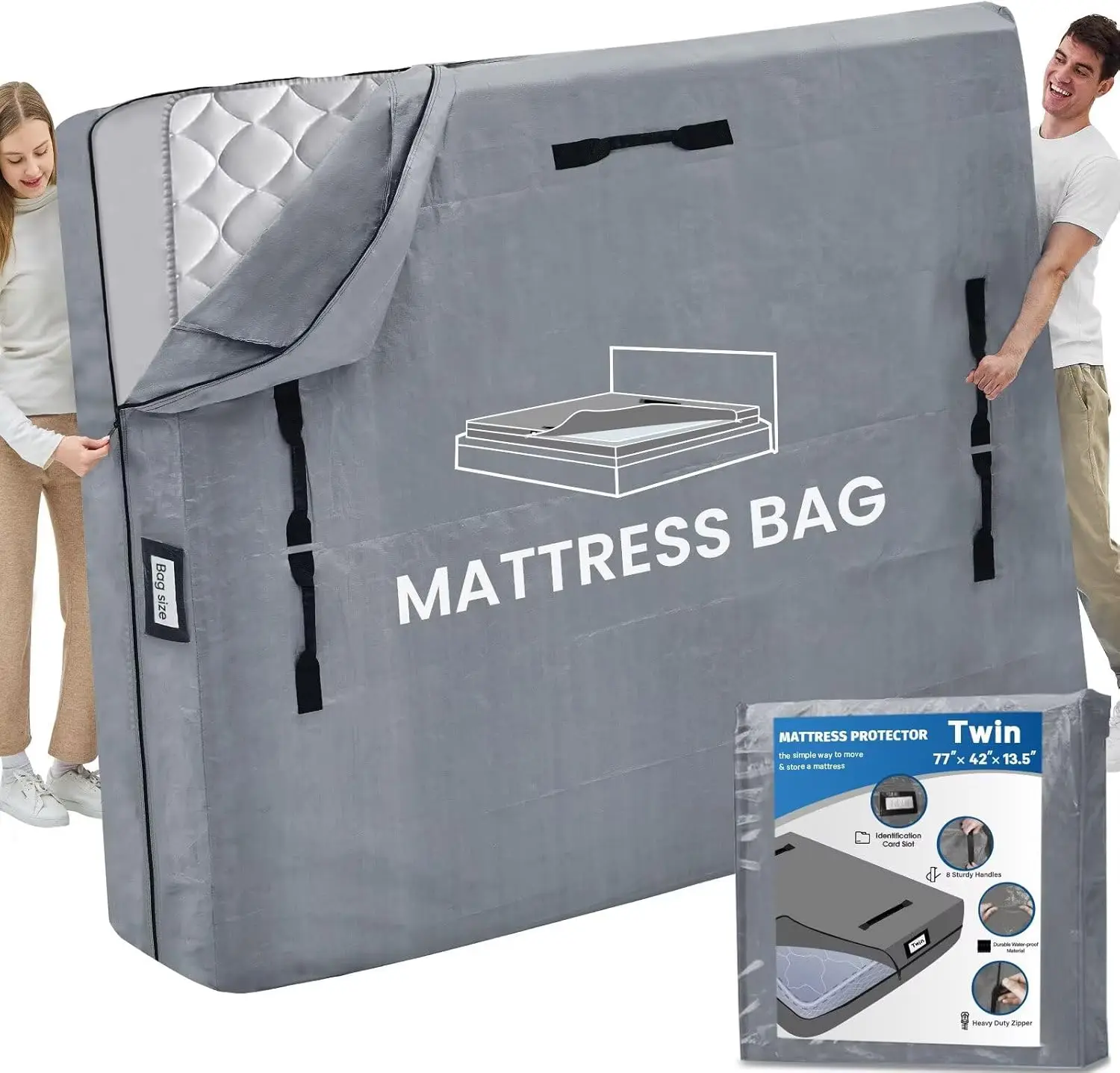Mattress Bags for Moving and Storage, BETU Twin Mattress Protector Waterproof Mattress Cover with 8 Heavy Duty Handles and Zipper Extra Thick Moving Supplies for Dorm Bed Reusable (77x42x13.5 Grey)