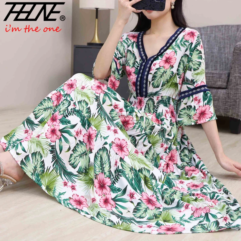 여성용 보헤미안 레이스 프린트 플로럴 코튼 맥시 V넥 캐주얼 빈티지 베스티도 로브, 한국 패션 스타일, 여름 인도 드레스