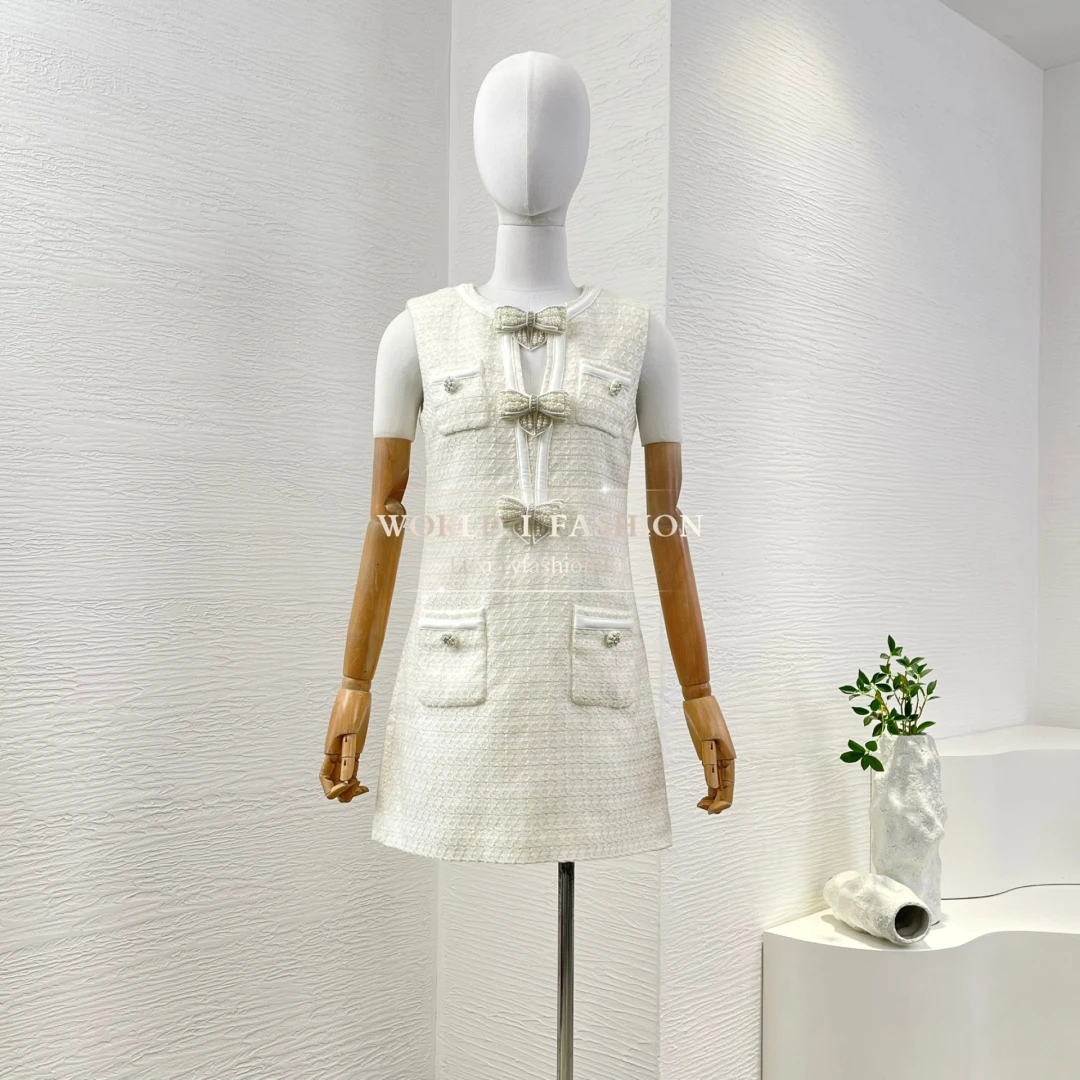 

Ivory Tweed Beading Bow Sleeveless Mini Dress 2025 High Quality