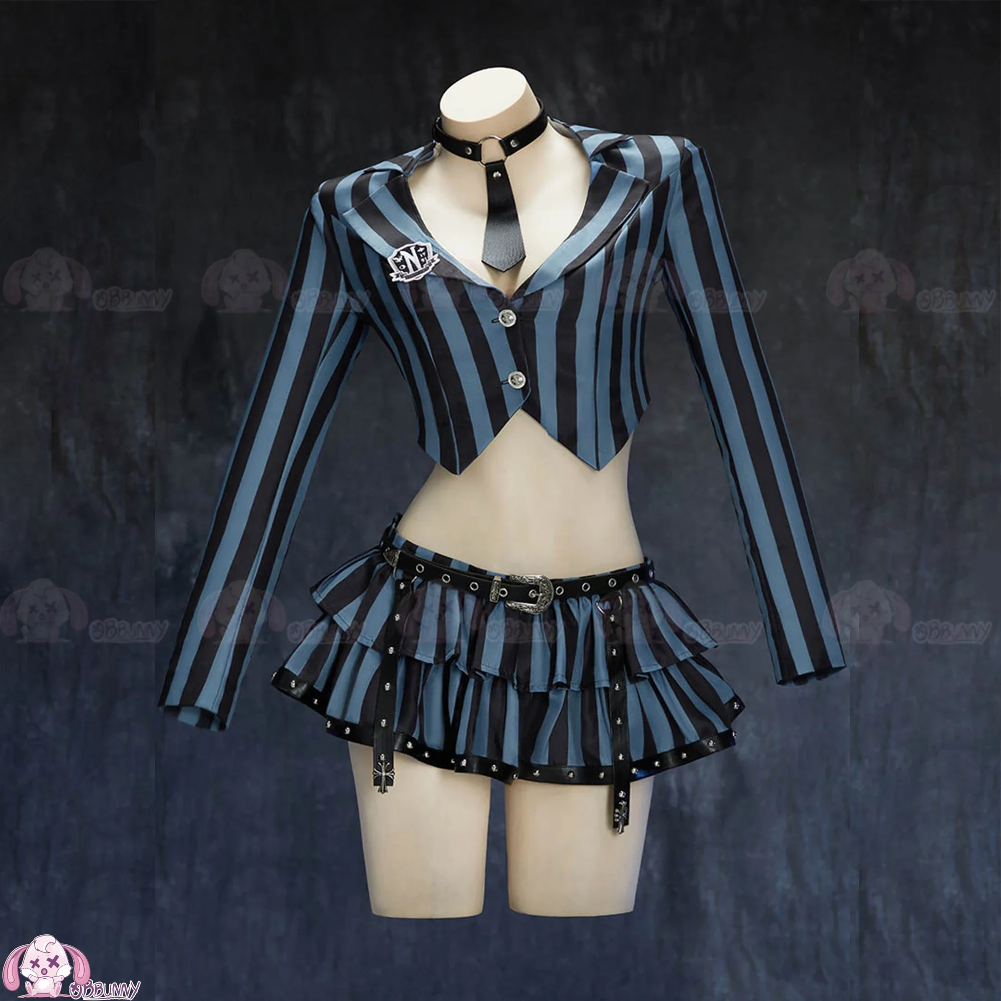 

2025 Halloween Carnival Party Uniform Movie Wednesday Cosplay Costume Dresses Women Striped School Uniform Crop Tops Skirt Set