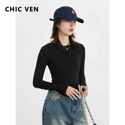 CHIC VEN Korean Women T-Shirts Casual Solid O-neck Slim Basic Tops Fashion Long Selvee Warm Tees Women Clothes Autumn New 2026