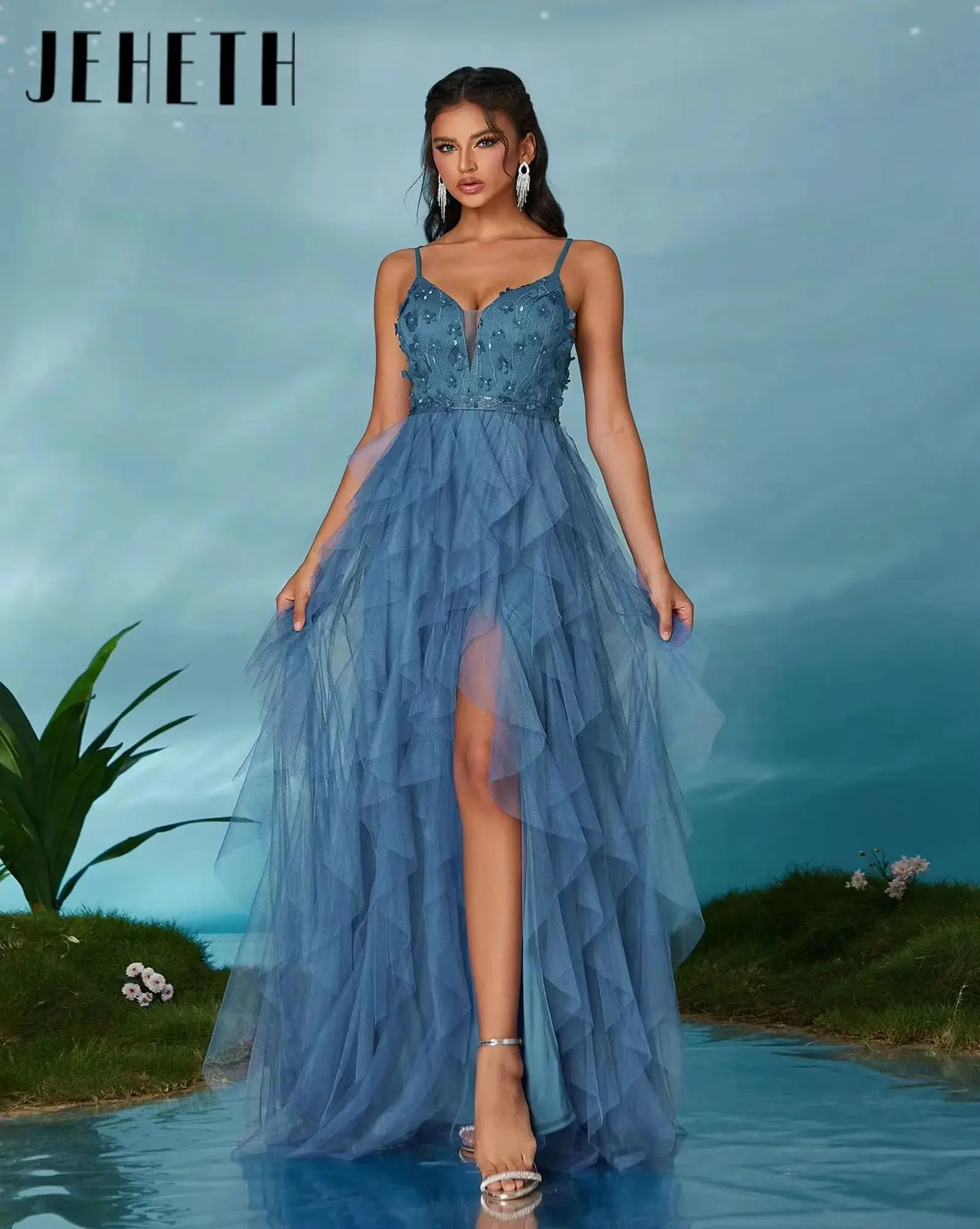 

JEHETH A-Line Modern Tulle Prom Dress Sexy V Neck Sleeveless Floor Length Evening Gown High Split Appliques Customized