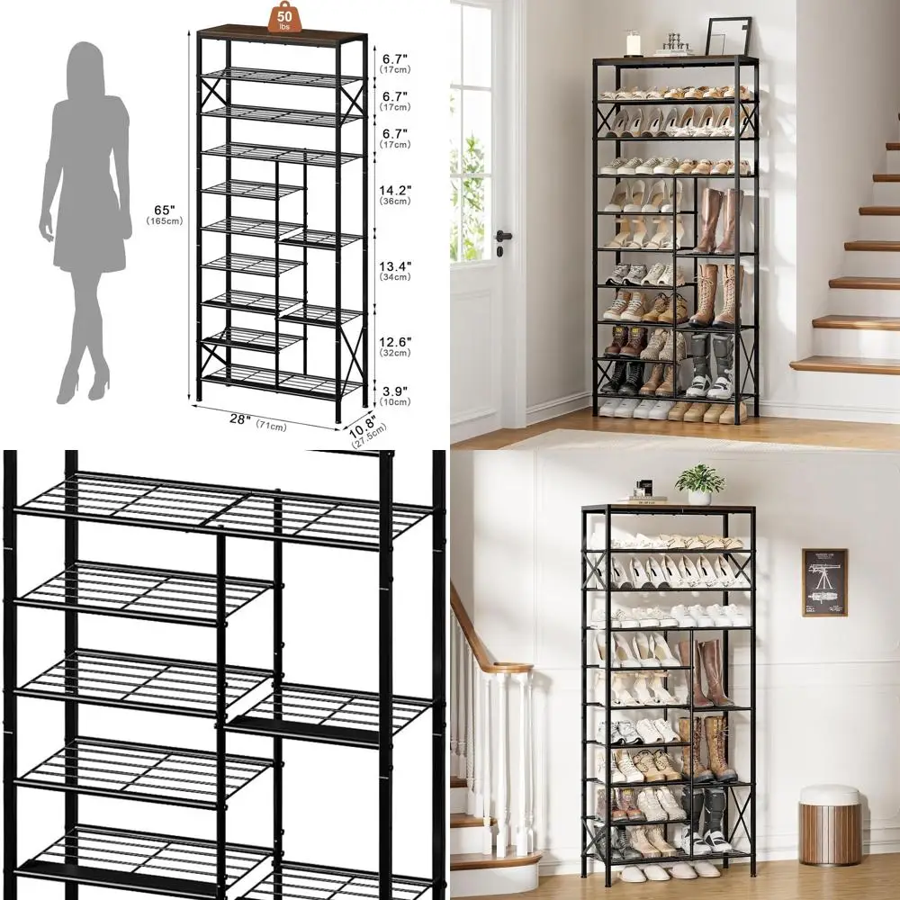 

10-Tier Shoe Organizer with Boot Storage, Holds 27-30 Pairs, Rustic Brown, for Entryway, Closet, Dorm