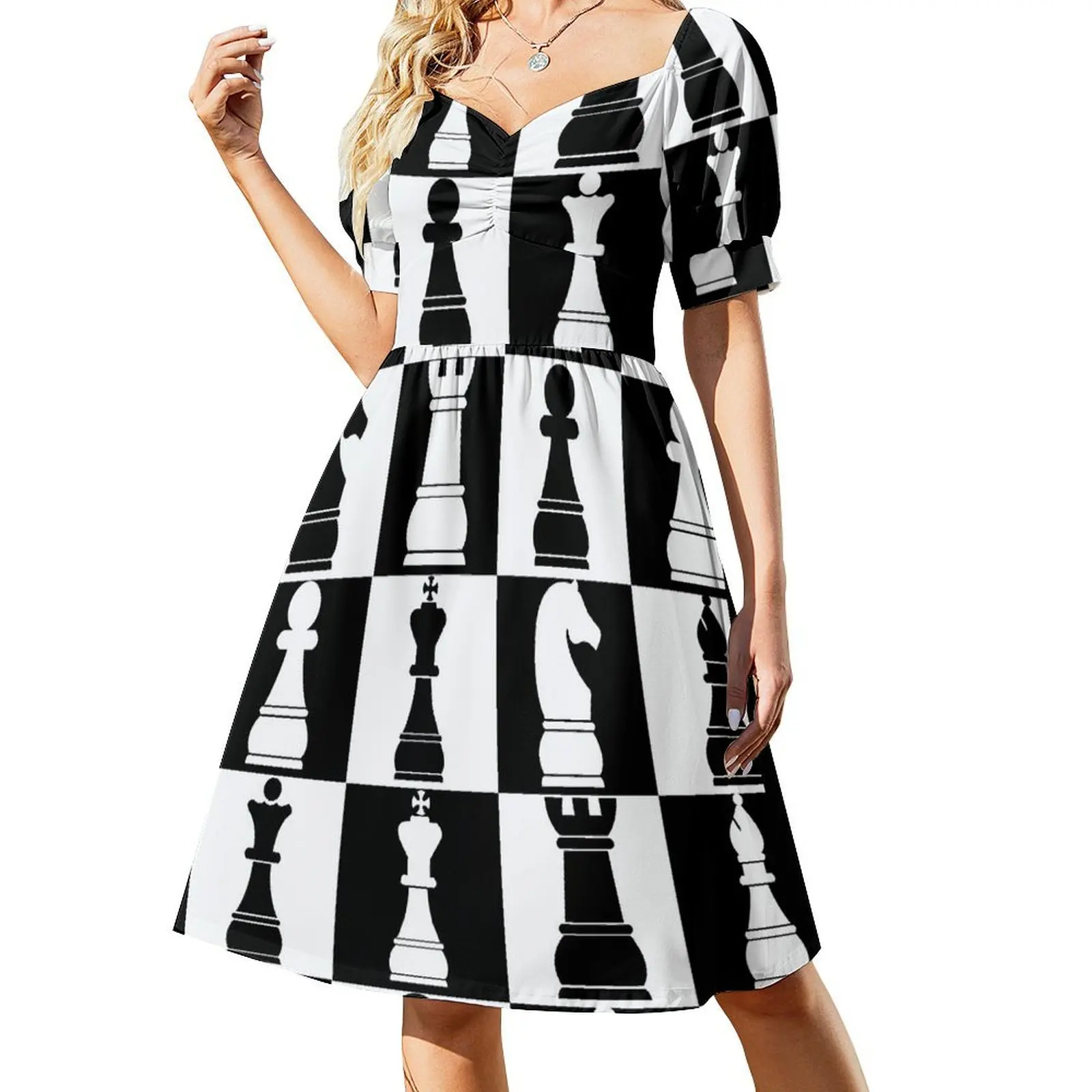 Black and White Chess Board Print Pattern Short Sleeved Dress dresses with long sleeves dresses for women Female clothing Dress