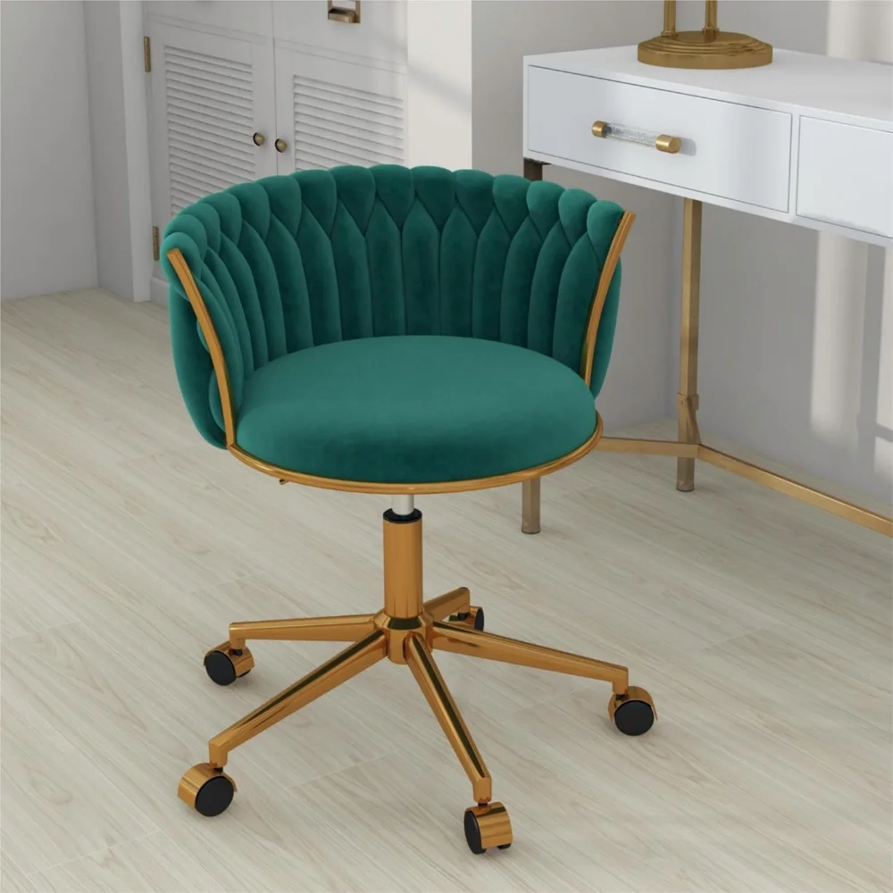 

Vanity Chair with Wheels, Small Velvet Office Desk Chair, Hand Woven Semi-Circle Makeup Stools for Girls
