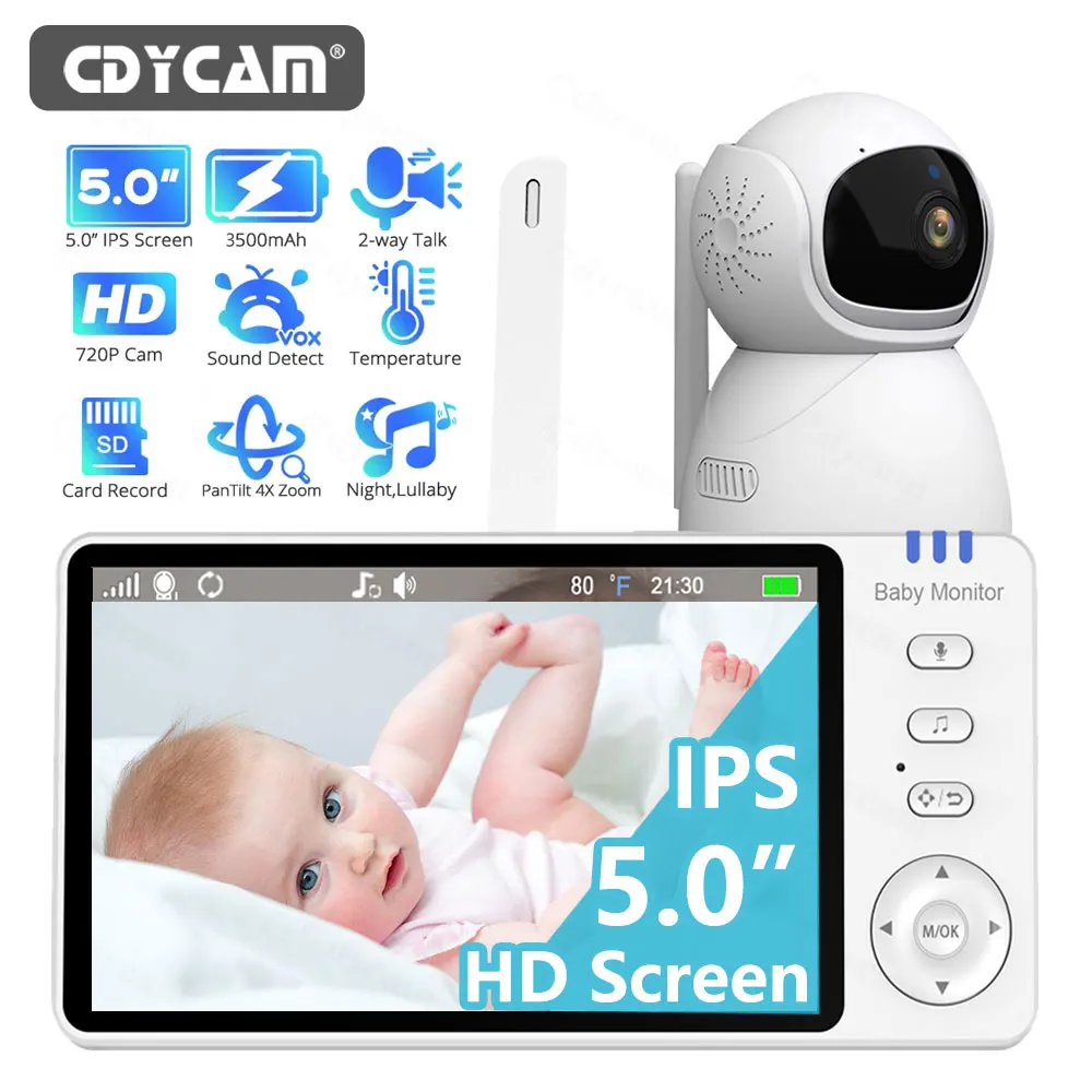 5.0'' IPS Screen Video Baby Monitor With 4X Zoom Baby Camera Bebe Nanny Monitors Mother Kid 2-Way Audio Night Vision Babysitter