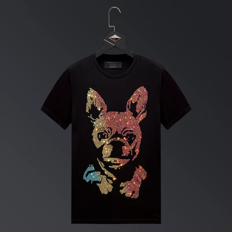 

2023 Dogs Rhinestones T Shirts Men Brand Short Sleeve Fashion Man Streetwear O Neck Slim Modal Cotton T-shirt Male Plus Size 6XL