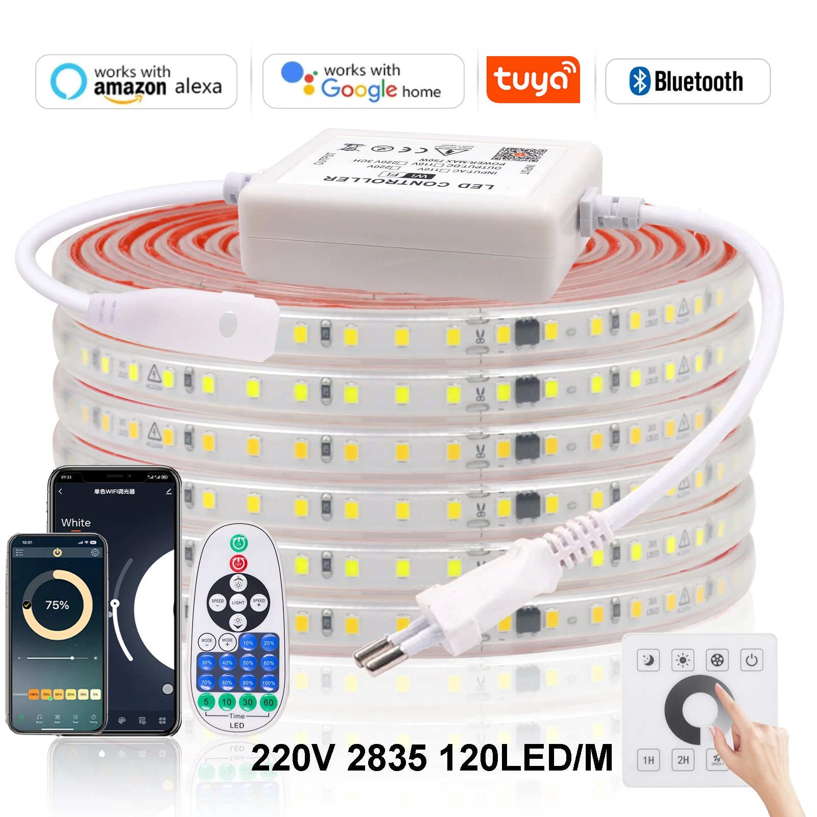 

Tuya APP Dimmable 220V LED Strip Light 2835 120Leds With Adhesive Tape Waterproof Ribbon Bluetooth Led Lights White Red Blue