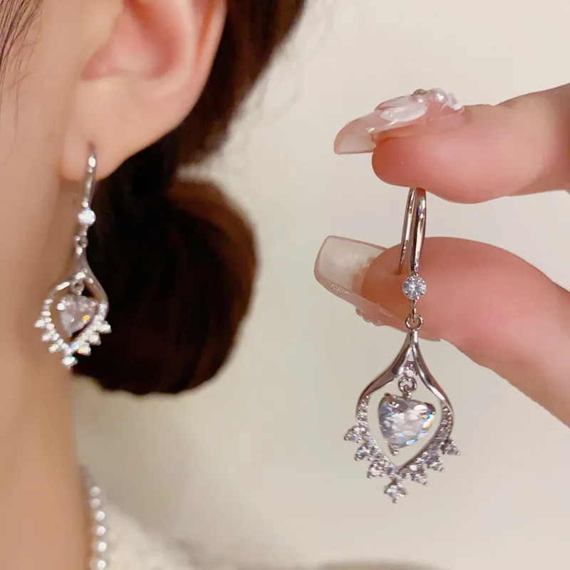 Korean Fashion Design Zircon-Encrusted Love Water Drop Fringed Ear Hook Exquisite Versatile Premium Earrings Women