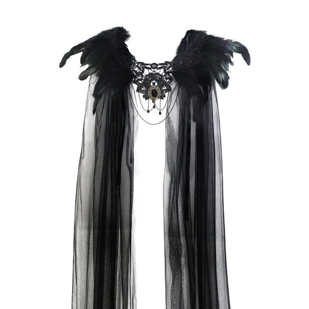 

Fashion Gothic Witch Shawl Crystal Feather Halloween Cloak Funny Black Tulle Cape Adults