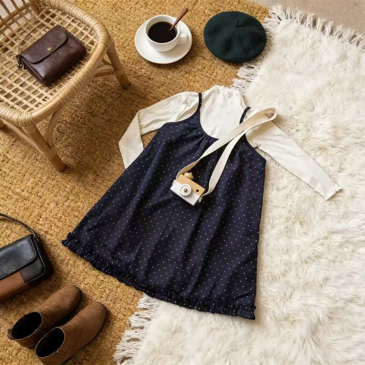 Girls' Set 2026 Spring Outfit New Children's Stylish Base Shirt Polka Dot Camisole Skirt Brown Half Skirt