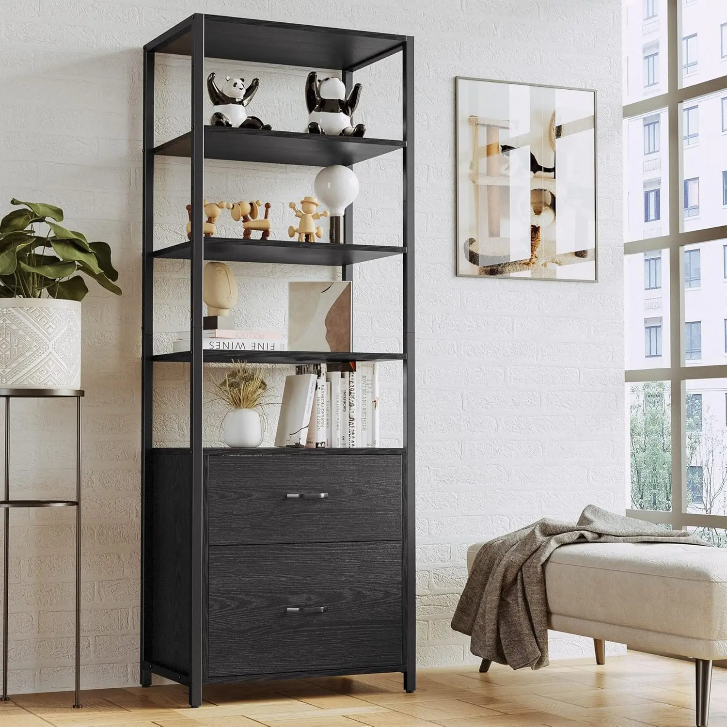 

Industrial 5-Tier Bookshelf with File Drawers, 71.6in Freestanding Home Office Storage Cabinet, Rustic Black, Customized
