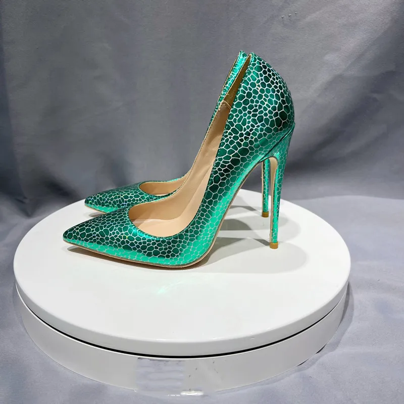 Tikicup Green Printed Women Pointy Toe High Heel Shoes Formal Sexy Celebrity Ladies Dress Slip On Stiletto Pumps Plus Size 33-46