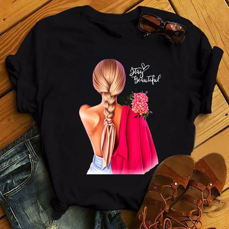 New Women T Shirt Fashion Flower Girl Print T Shirt Female Short Sleeve Summer Tops Ladies Cute Graphic Tee Shirts Woman T-shirt