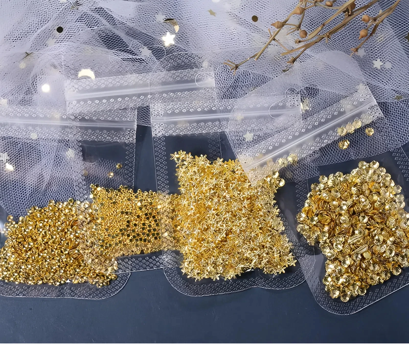 1000pcs โลหะโลดโผนเล็บชิ้นส่วนเครื่องประดับ 3D ทอง/Silver Rod ตกแต่งเล็บ Moon/Star/ข้าวเม็ดเล็บ studs เครื่องประดับ Charm