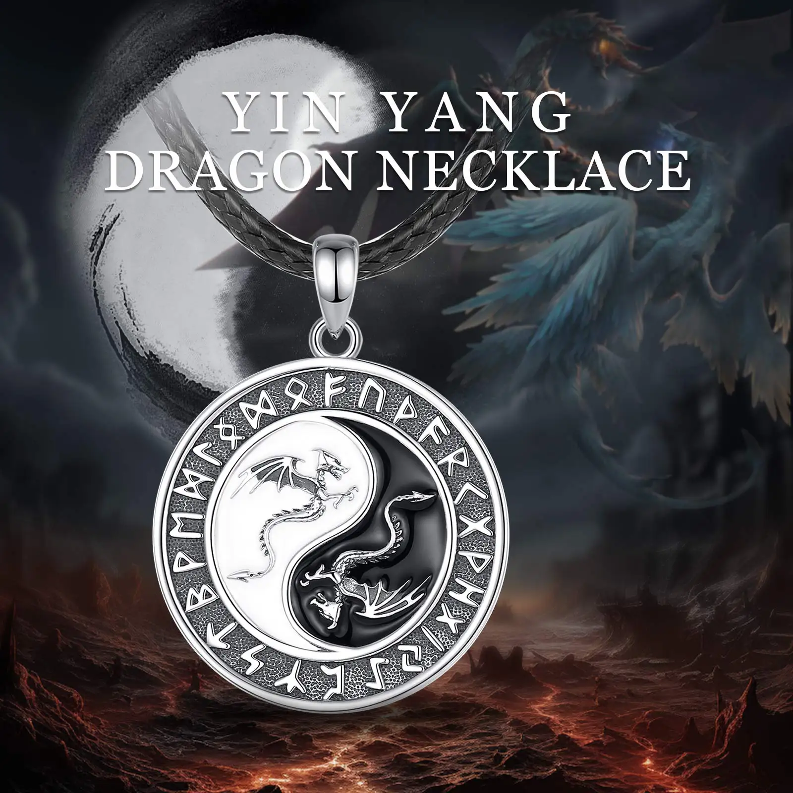 Eudora 925 Sterling Silver Viking Runes Dragon Necklace for Women Man Yin Yang Tai Chi Amulet Pendant Personality Jewelry Gift