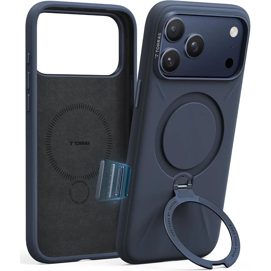 Custodia protettiva blu intenso per iPhone 17 Pro Max con compatibilità MagSafe Supporto per anello di rotazione a 360° Supporto morbido silicone liquido accogliente