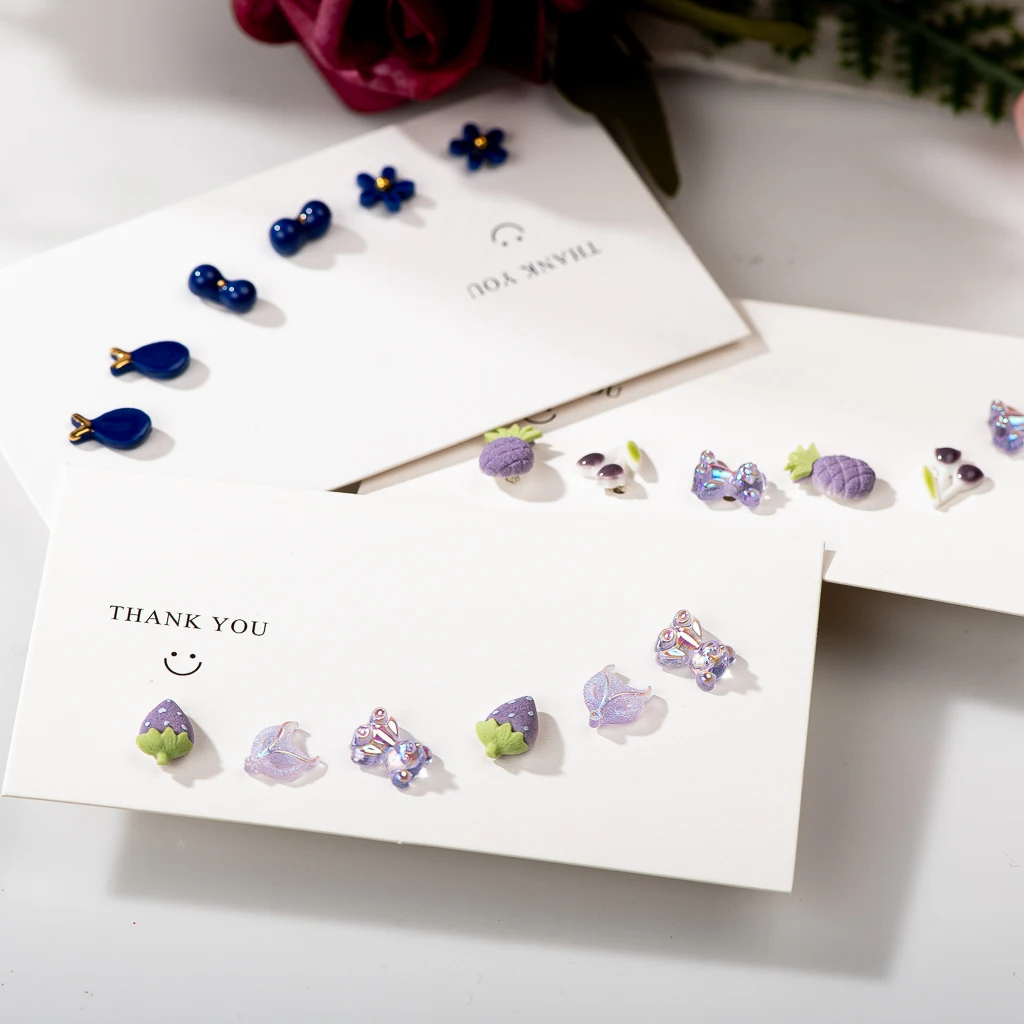 3Pairs Cute Ceramic Mixed Flower Cartoon Earrings Allergy Resistant Multicolor Silveralloy Pin Fashion Z702