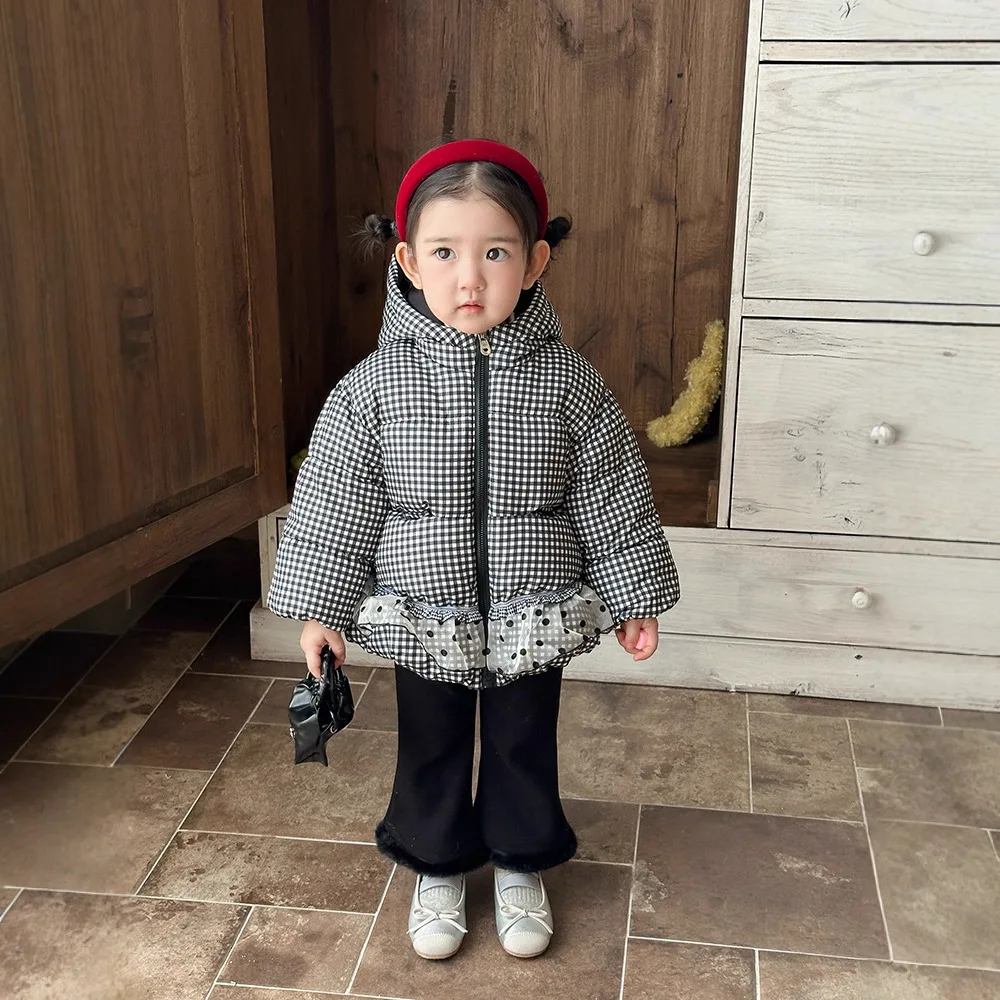 

Girls Checked Hooded down Jacket Winter Coat 90 White Duck down Lace Baby Outerwear Children's Sweet Style
