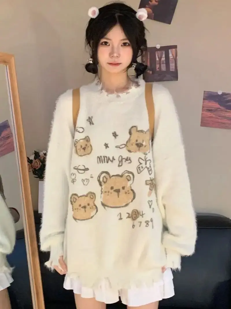 

Новый японский осенне-зимний свитер в корейском стиле: милый мультяшный пуловер с длинными рукавами, мягкий, свободный, вязаный топ