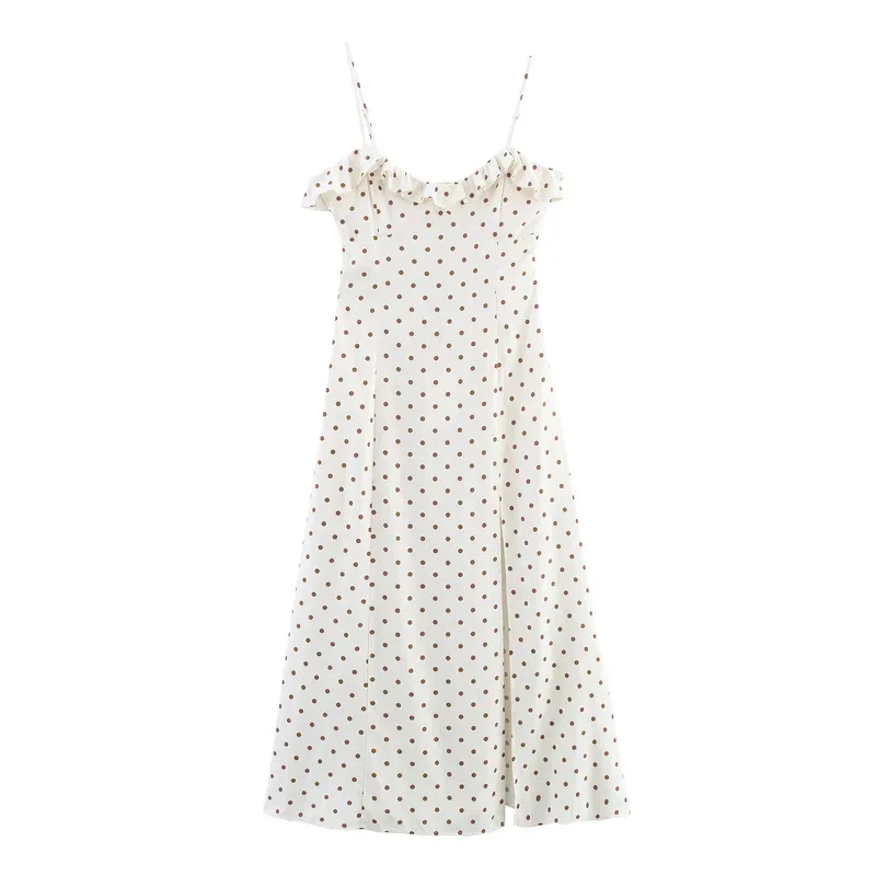 

Sweet Romantic Polka Dot Lady Suspender Dress Backless Lace-Up Ruffled Slit Design Summer Fashion Festival Dress