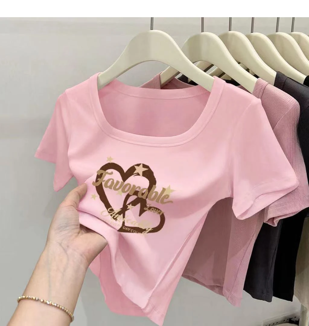 Threaded square neck short sleeved top, popular Korean commuter t-shirt, women's summer new style, pure desire style